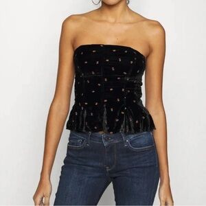 Free People Rosie Embroidered Black Velvet Bustier Top